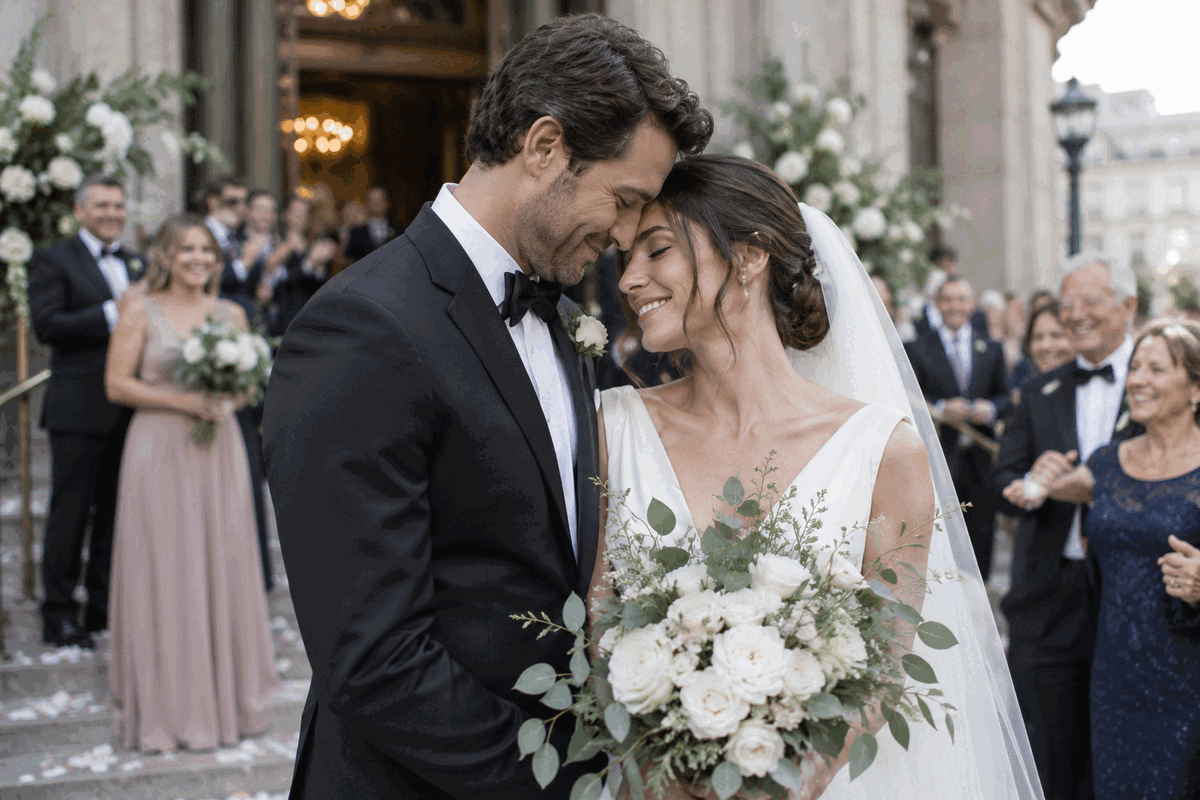 Illustrative example of an emotional newlywed portrait